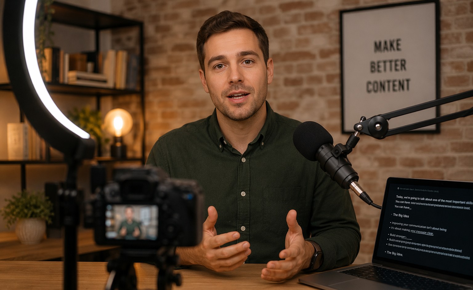An online course instructor filming a lesson, speaking to the camera with a script scrolling on a laptop