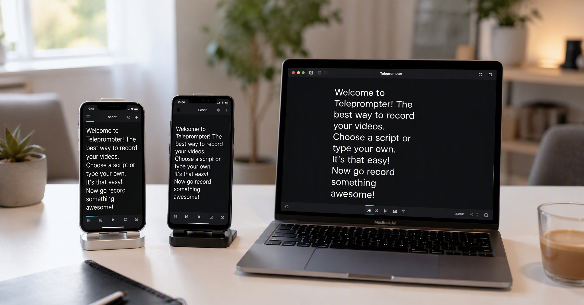 Content creator using FlowPrompter's AI voice tracking teleprompter across multiple devices