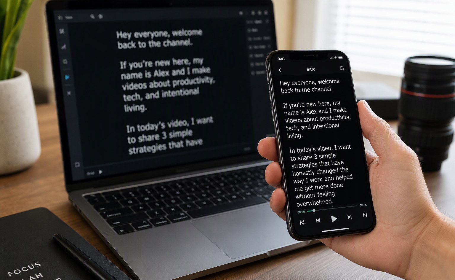 Presenter using FlowPrompter on phone synced with desktop for multilingual content creation