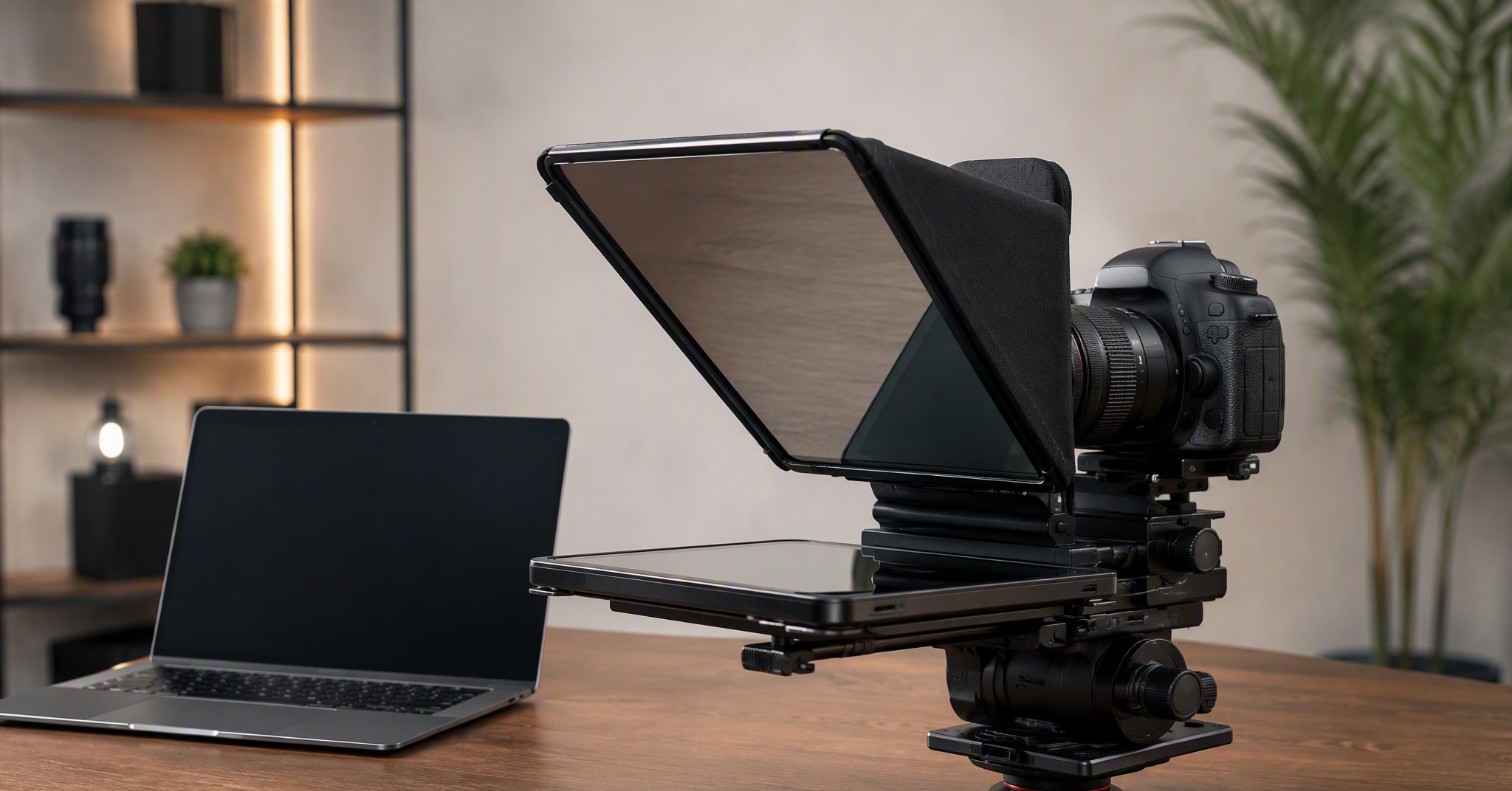 Teleprompter hardware rig with beamsplitter mirror next to laptop showing teleprompter software