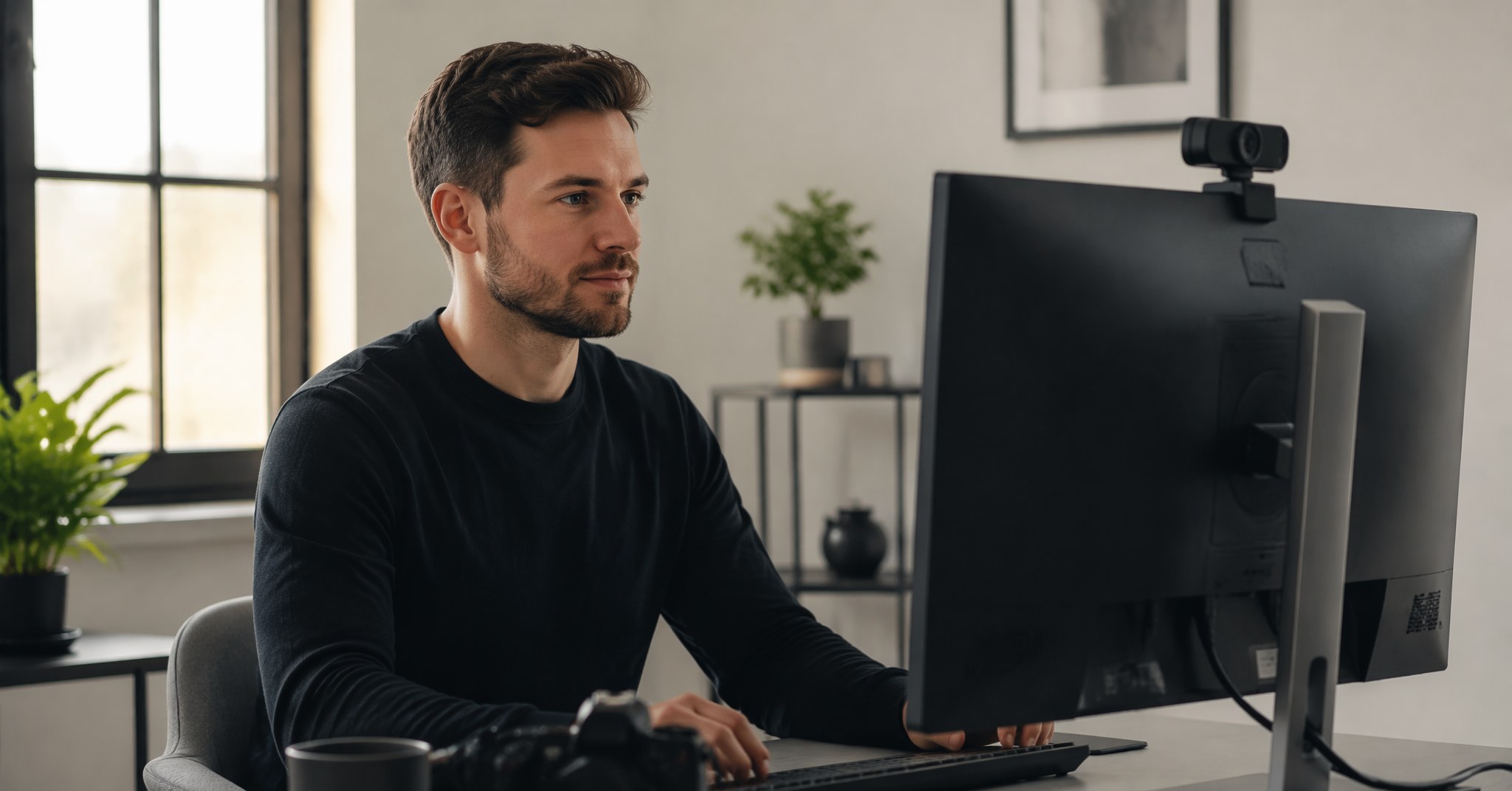 Professional content creator at a modern desktop workspace with monitor and webcam