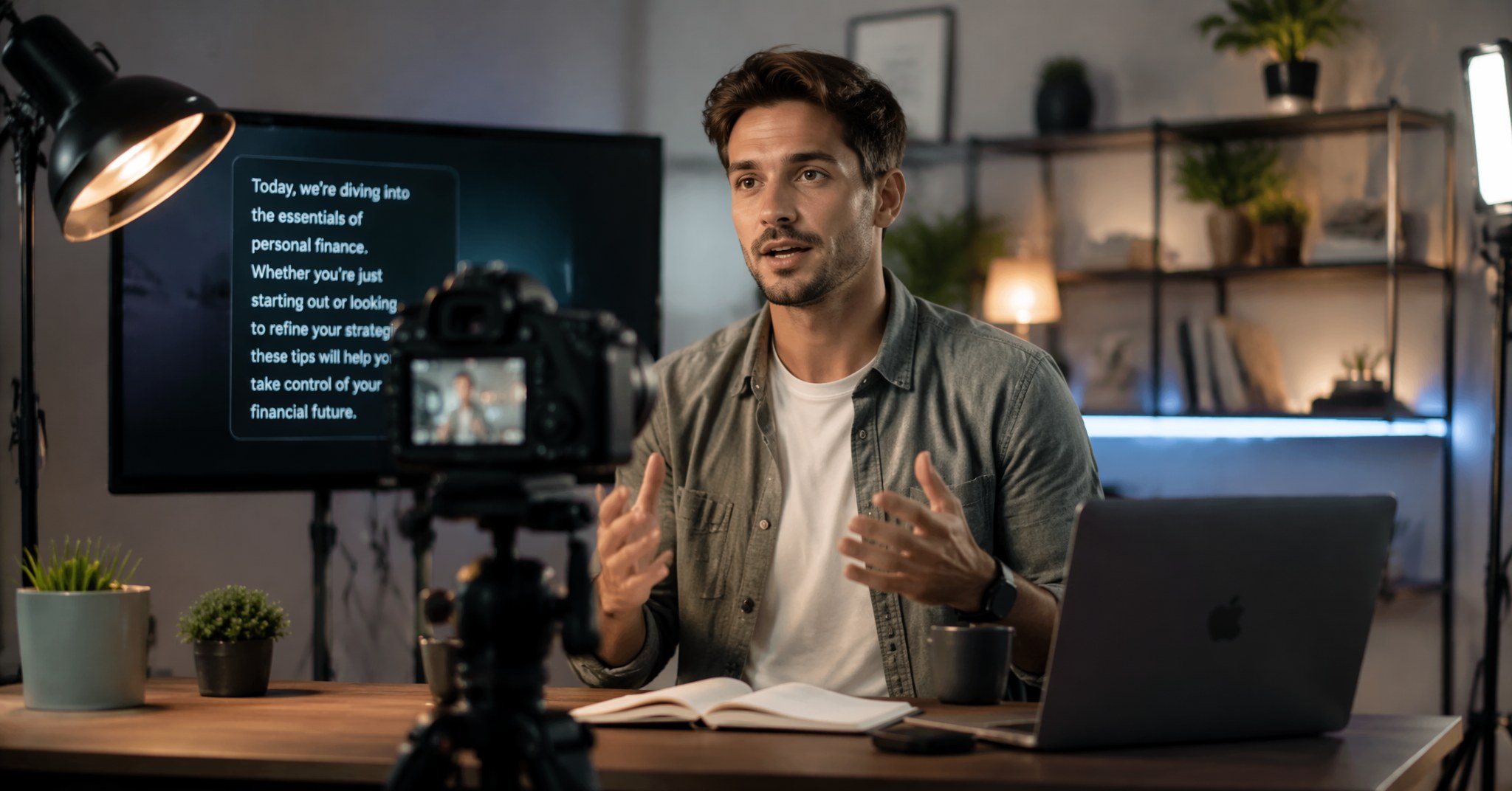 A solo creator recording a tutorial at a desk, with a teleprompter overlay floating beside the camera