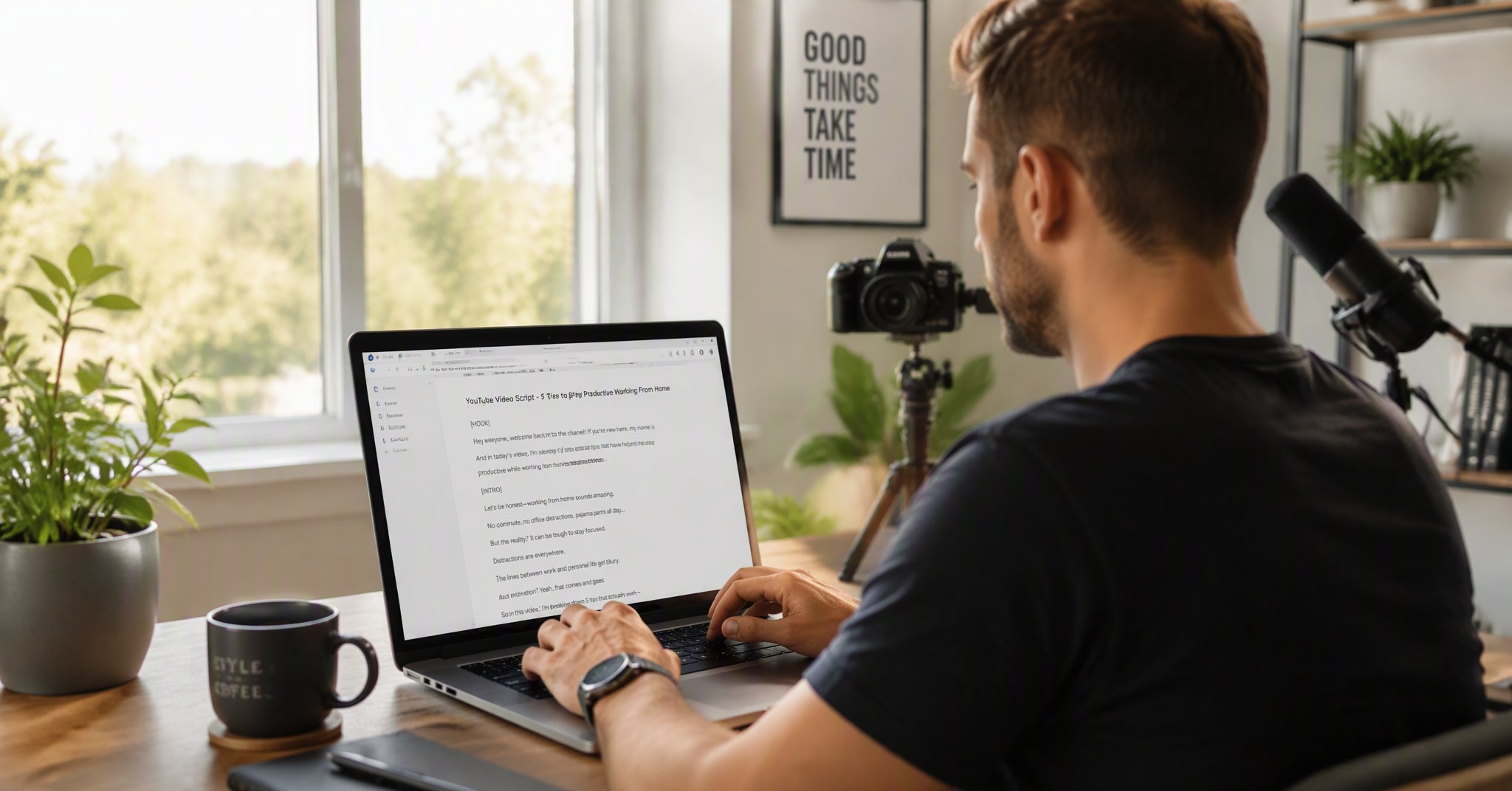 Content creator writing a video script at a modern desk