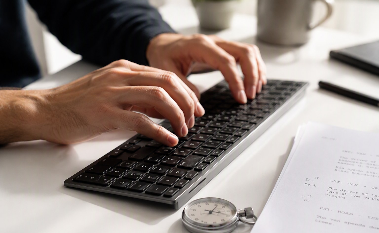 Hands typing on keyboard with stopwatch and script notes