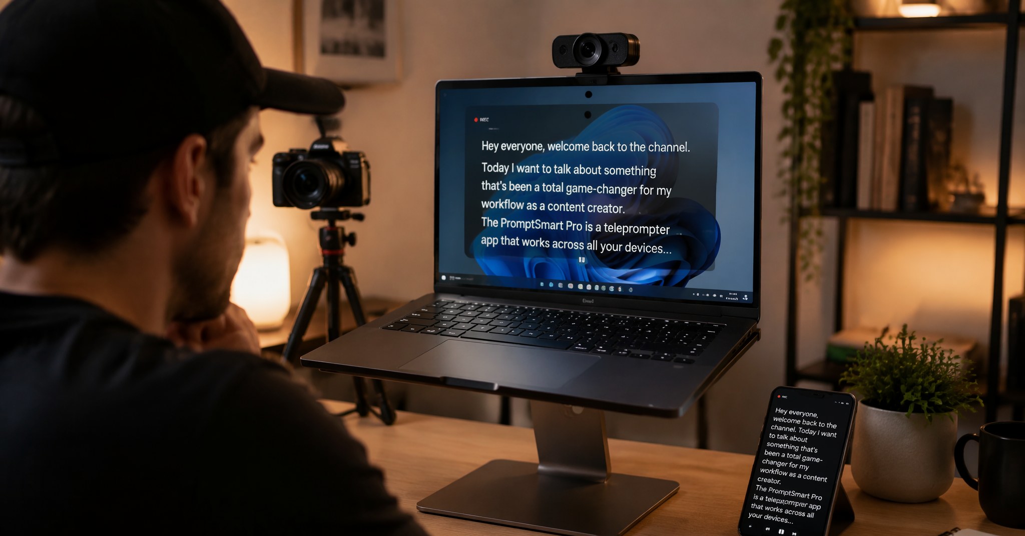 A Windows laptop on a stand running a teleprompter overlay, with the same script synced on a phone beside it