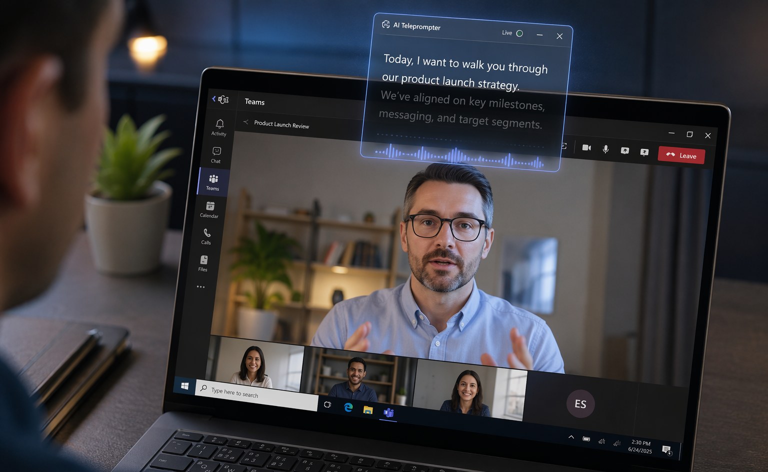 A teleprompter window floating near the webcam during a Teams call, scrolling with the speaker's voice