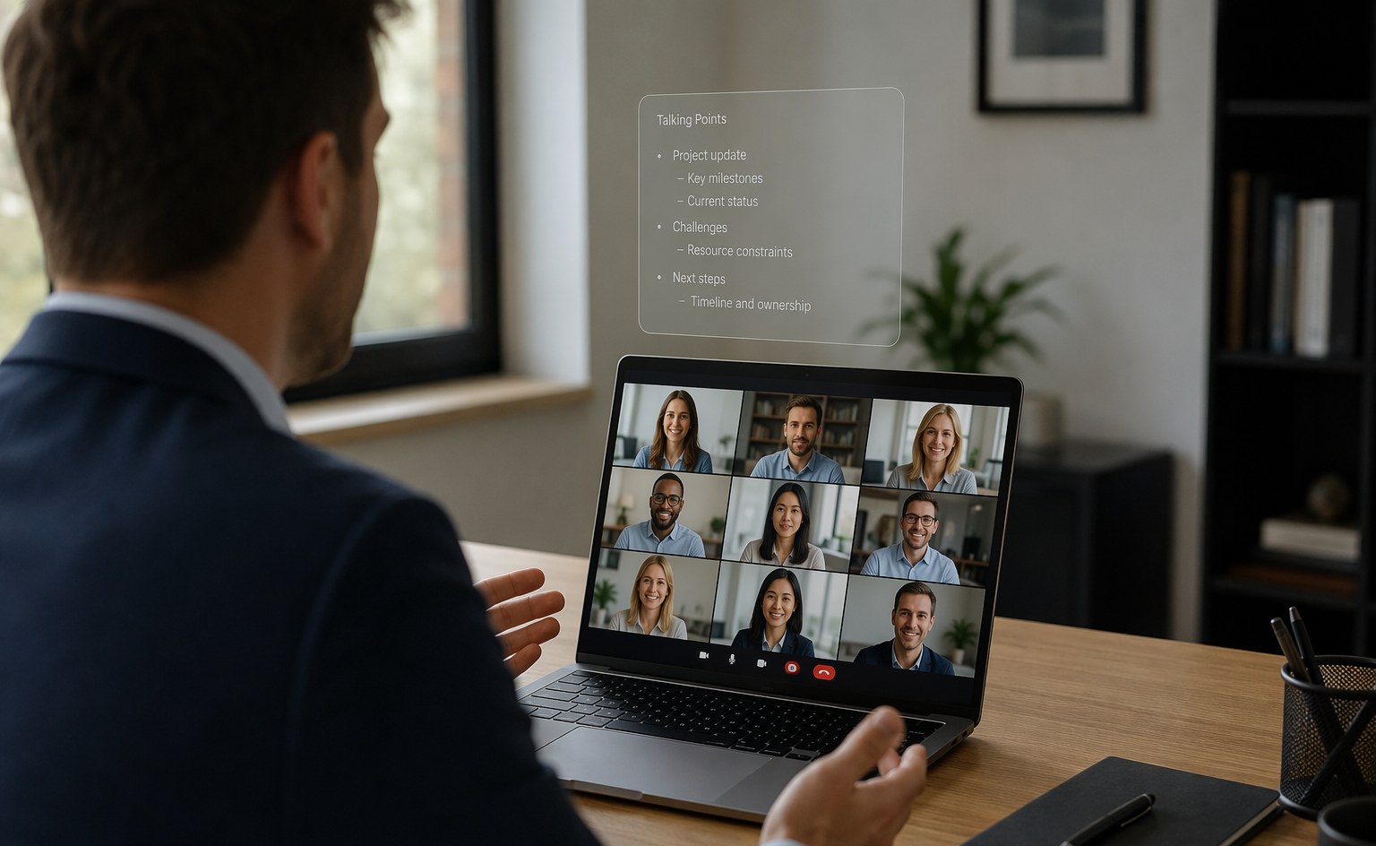 A presenter on a video call with talking points floating above the screen, visible only to them